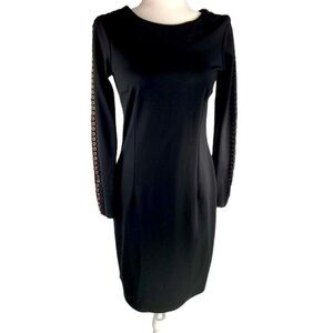Nina Leonard Black Sheath Dress Size Small Gold Embellished Detail Long Sleeves